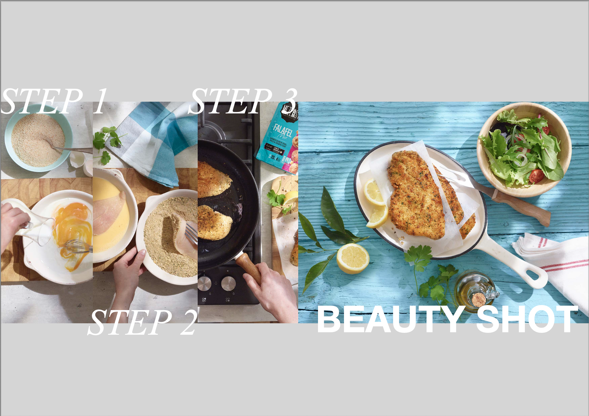 Collage de fotos de milanesa con ensalada