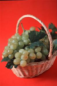 Racimos de uvas blancas en una cesta.