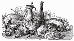 Still life: poultry, vegetables, fruit & wine (illustration)