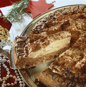 Chocolate mousse cake, a slice cut