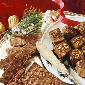 Chocolate nougat slices and small chocolate squares