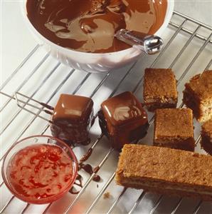 Home-made chocolate squares on cooling rack