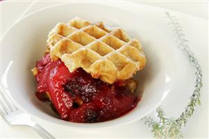 Waffles with apple and cranberry compote