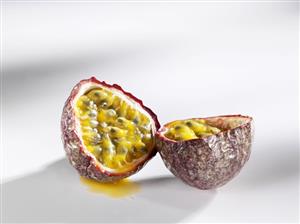 A halved passion fruit