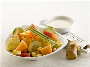 Mixed fruit and vegetable salad, gingered yoghurt dressing