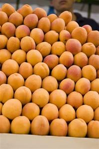 Apricots in a crate at a market