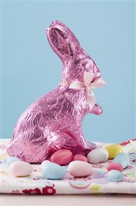 Easter Bunny and sugar eggs on coloured cloth