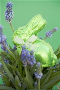 Green Easter Bunny among spring flowers