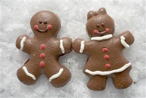 Two Christmassy chocolate-coated gingerbread people in snow