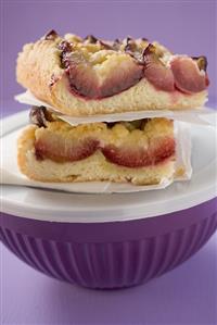 Two pieces of plum cake on plastic bowl