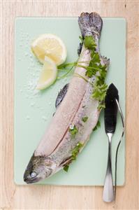 Trout with parsley, lemon wedges and salt