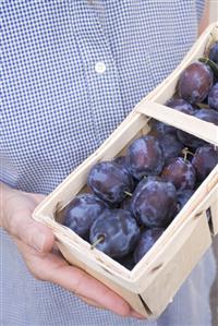 Woman holding basket of fresh plums