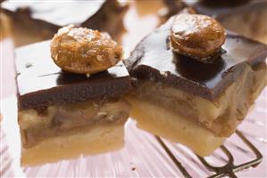 Chocolate toffee shortbread with walnut toffee and almonds