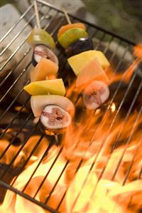 Fruit kebabs on barbecue grill rack