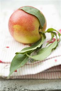 Nectarine with leaves on tea towel