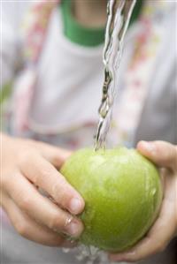 Child holding green apple under running water