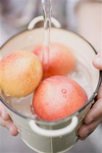 Washing nectarines in bucket under running water