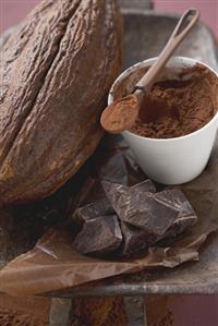 Cacao fruit, cocoa powder and chocolate