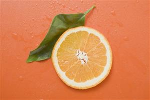 Slice of orange and leaf with drops of water