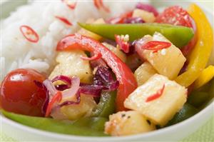 Fried vegetables with pineapple and rice (Asia)