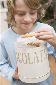 Boy taking chocolate chip cookie out of cookie tin