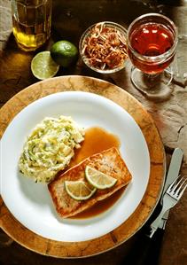 Salmon Fillet in Red Wine Sauce with mashed Potatoes