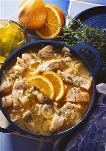 Fish Soup with Redfish Fillet, Onions, white Wine, Orange Juice and Thyme in Pan