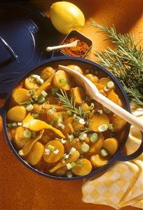 Potato goulash with spring onions, lemon peel etc