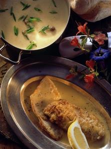 Potage vaudoise (Waadtland soup) & perch fillets in white wine