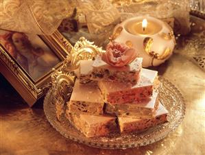 Turrone (nougat made from almonds, honey, egg white, pine nuts)