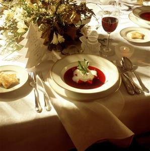 Christmas Table Setting with Red Beet Soup