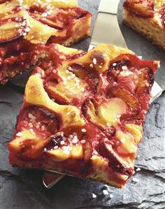 Tray-baked plum cake on cake slice