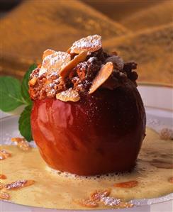 Baked apple with marzipan and almond filling & vanilla sauce