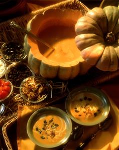 Pumpkin Cream Soup in Pumpkin and Bowls