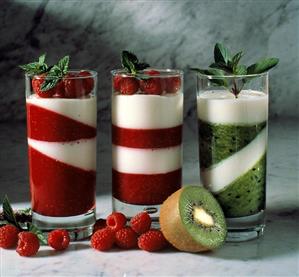 Three Summer Drinks; Raspberry and Kiwi Puree with Yogurt