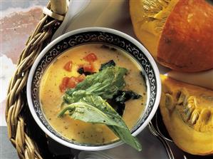 Pumpkin Cream Soup with Tomatoes and Sorrel