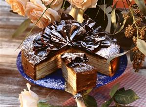 Tree cake gateau with chocolate fans, a piece cut