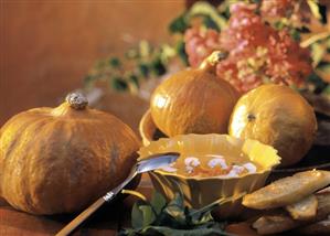 Pumpkin Soup with Tomato Garnish; Garlic Bread