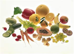 Assorted Fruits and Vegetables Still life on White