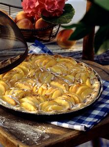 Peach tart in round baking dish (2)