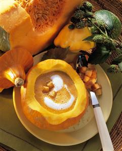 Cream of pumpkin soup with croutons in pumpkin (2)