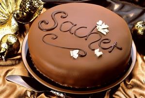 Sacher torte with the word "Sacher" in chocolate