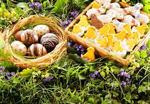 Two Easter Baskets Filled with Candy Eggs and Cookies on the Lawn