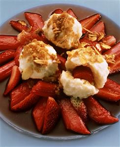 Strawberry and quark dumplings on rhubarb and strawberry compote