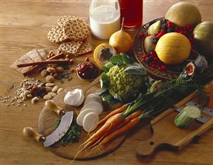 Still life with fruit, vegetables and foodstuffs