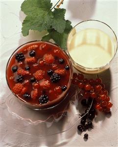 Berry cream in bowl and a bowl of vanilla sauce