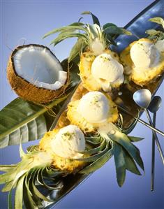 Coconut ice cream in baby pineapple halves