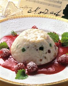 Rice Trauttmansdorf (moulded rice pudding) on raspberry sauce