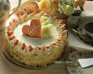 Cream gateau with marzipan heart (and the word "Valentine)
