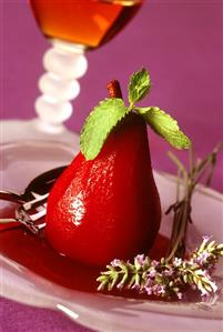 Pear poached in rose wine